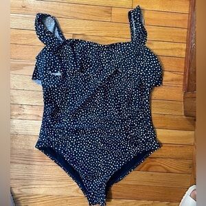 Kona sol navy blue white polkadot ruffle, bathing suit size 17 EUC